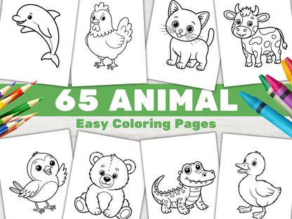Animal Coloring Book for Kids, Easy Toddler Activity Pages, Preschool Coloring Printable (PDF)