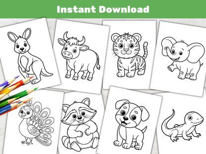 Animal Coloring Book for Kids, Easy Toddler Activity Pages, Preschool Coloring Printable (PDF)