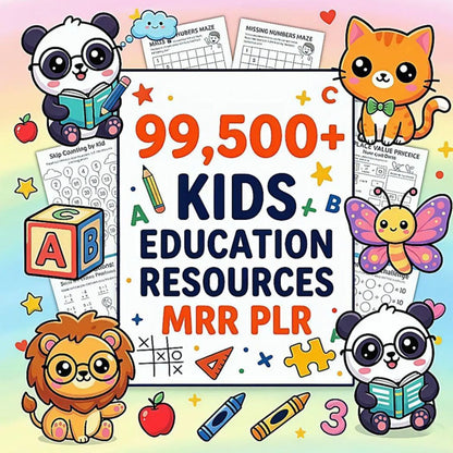 99500+ Kids Learning Bundle Coloring Pages Worksheets Activities PLR MRR Rights Digital Download Printables