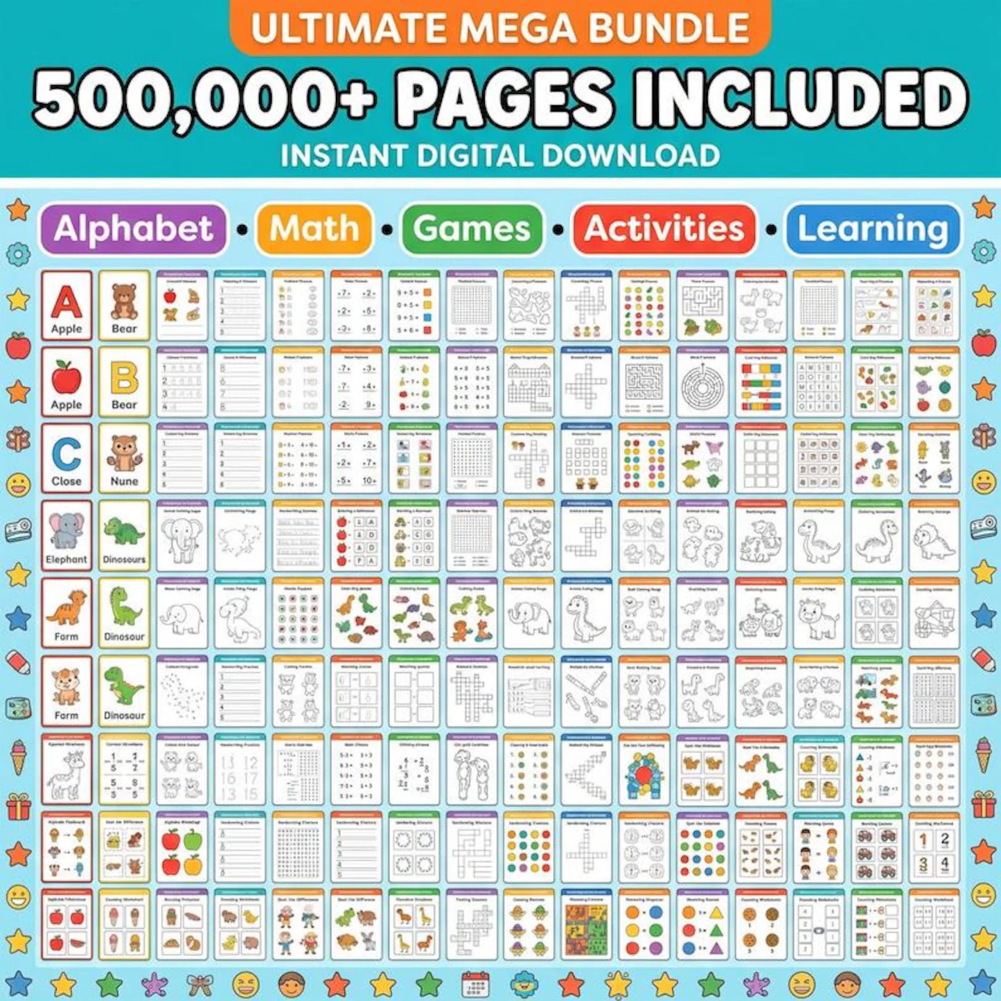 500,000+ Kids Learning Bundle Coloring Pages Worksheets Activities PLR MRR Rights Digital Download Printables