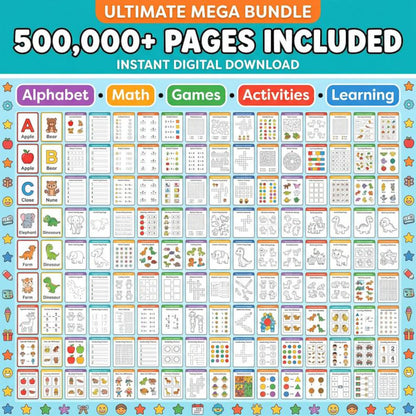 500,000+ Kids Learning Bundle Coloring Pages Worksheets Activities PLR MRR Rights Digital Download Printables