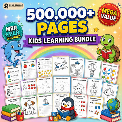 500,000+ Kids Learning Bundle Coloring Pages Worksheets Activities PLR MRR Rights Digital Download Printables
